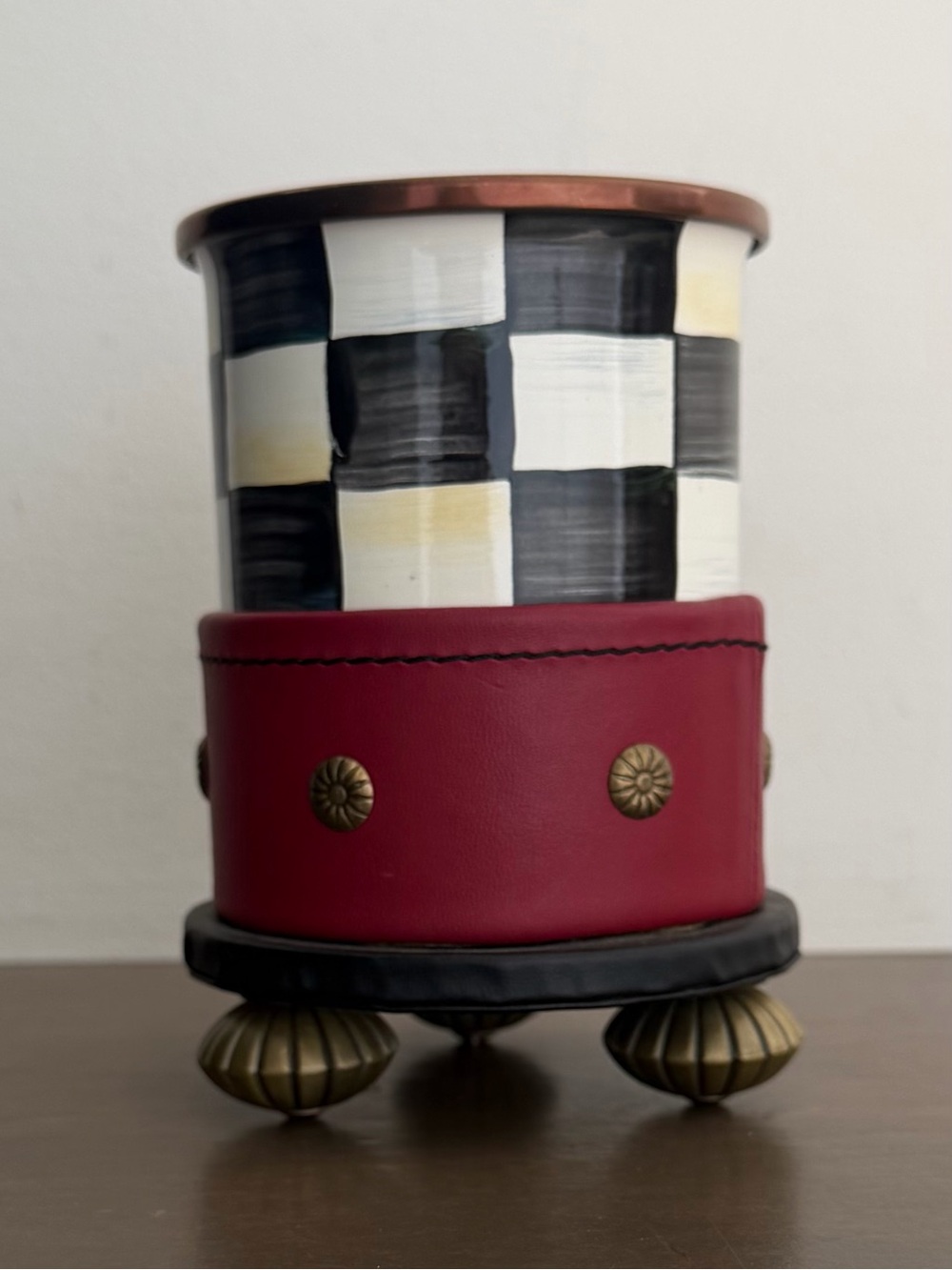 RARE Retired MacKenzie-Childs Courtly Check Red Leather Pen & Pencil Cup